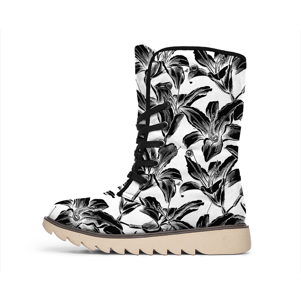White And Black Lily Pattern Print Winter Boots