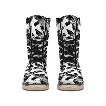 White And Black Lily Pattern Print Winter Boots