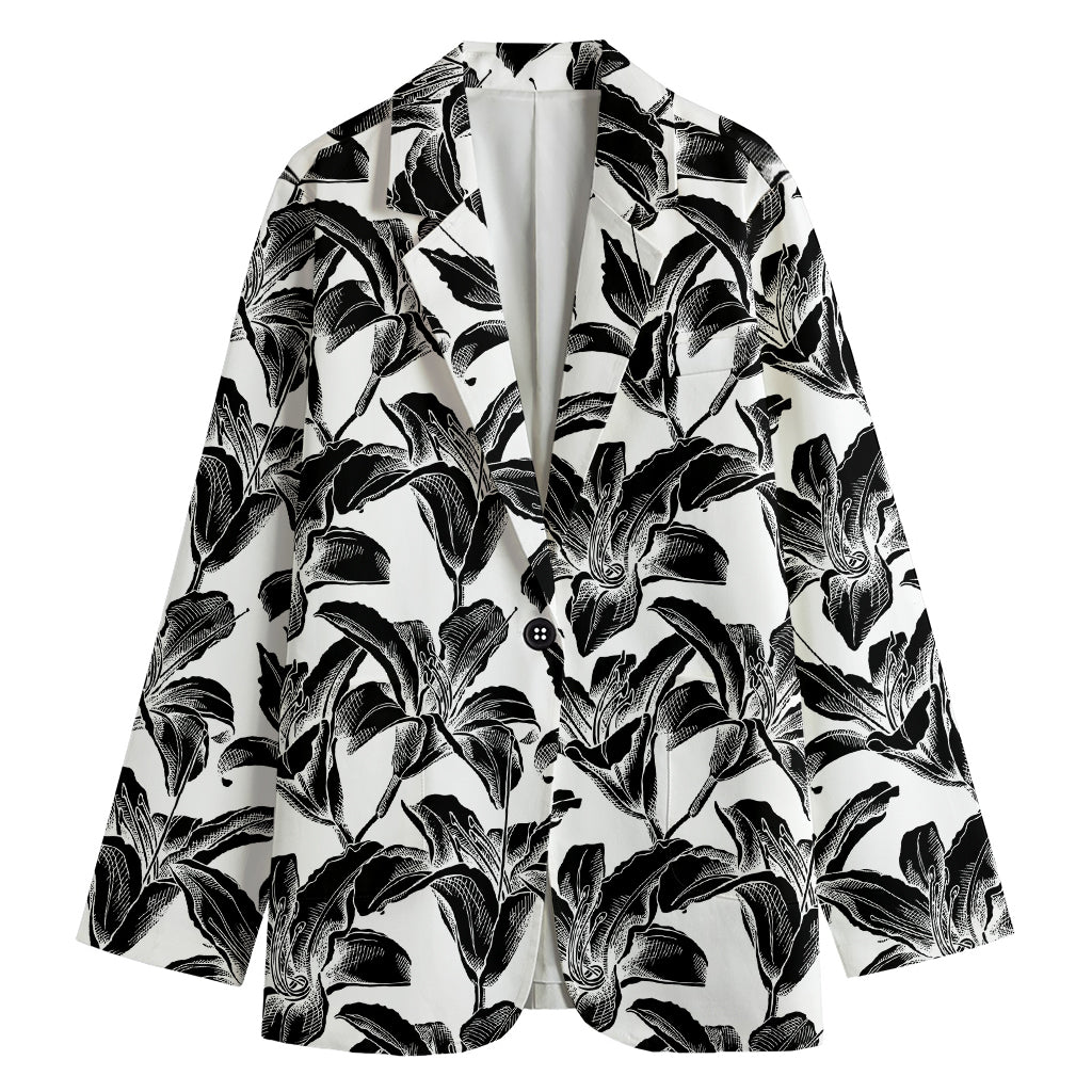 White And Black Lily Pattern Print Women's Blazer