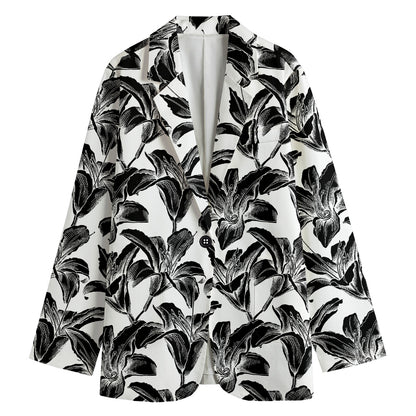 White And Black Lily Pattern Print Women's Blazer