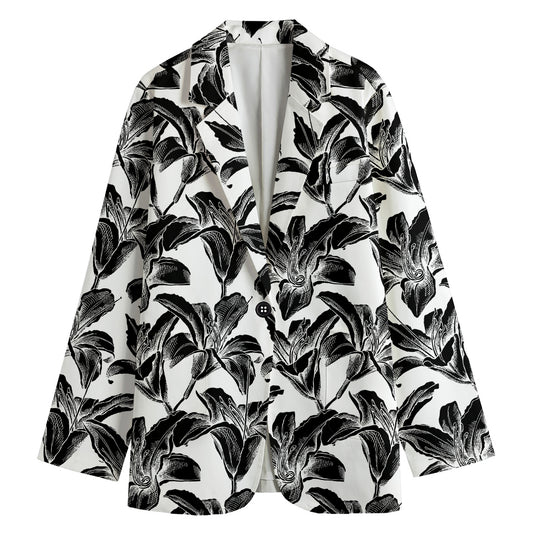 White And Black Lily Pattern Print Women's Blazer