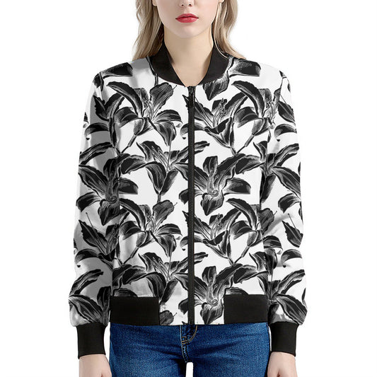 White And Black Lily Pattern Print Women's Bomber Jacket