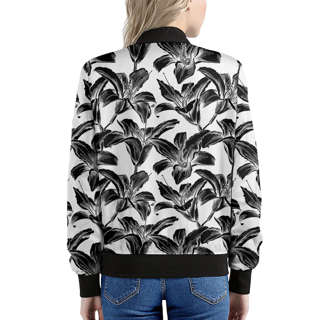 White And Black Lily Pattern Print Women's Bomber Jacket