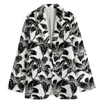 White And Black Lily Pattern Print Women's Cotton Blazer
