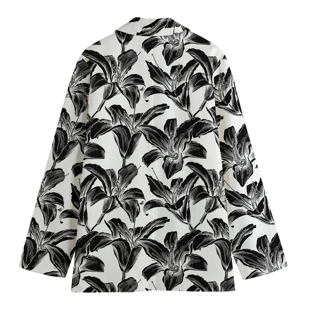 White And Black Lily Pattern Print Women's Cotton Blazer