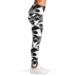 White And Black Lily Pattern Print Women's Leggings