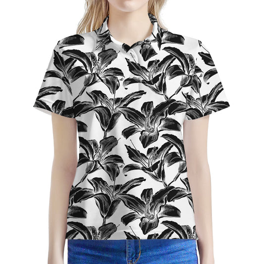 White And Black Lily Pattern Print Women's Polo Shirt