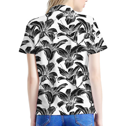 White And Black Lily Pattern Print Women's Polo Shirt