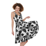 White And Black Lily Pattern Print Women's Sleeveless Dress