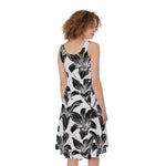White And Black Lily Pattern Print Women's Sleeveless Dress