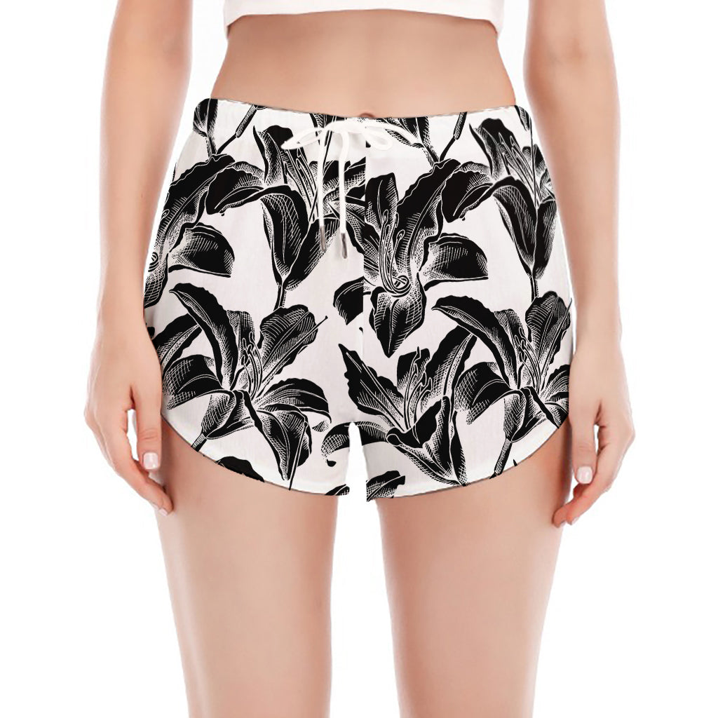 White And Black Lily Pattern Print Women's Split Running Shorts