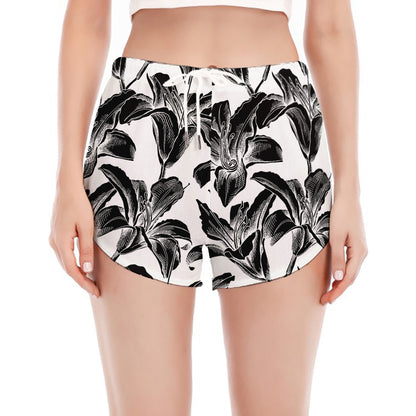 White And Black Lily Pattern Print Women's Split Running Shorts