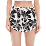 White And Black Lily Pattern Print Women's Split Running Shorts