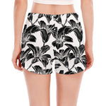 White And Black Lily Pattern Print Women's Split Running Shorts