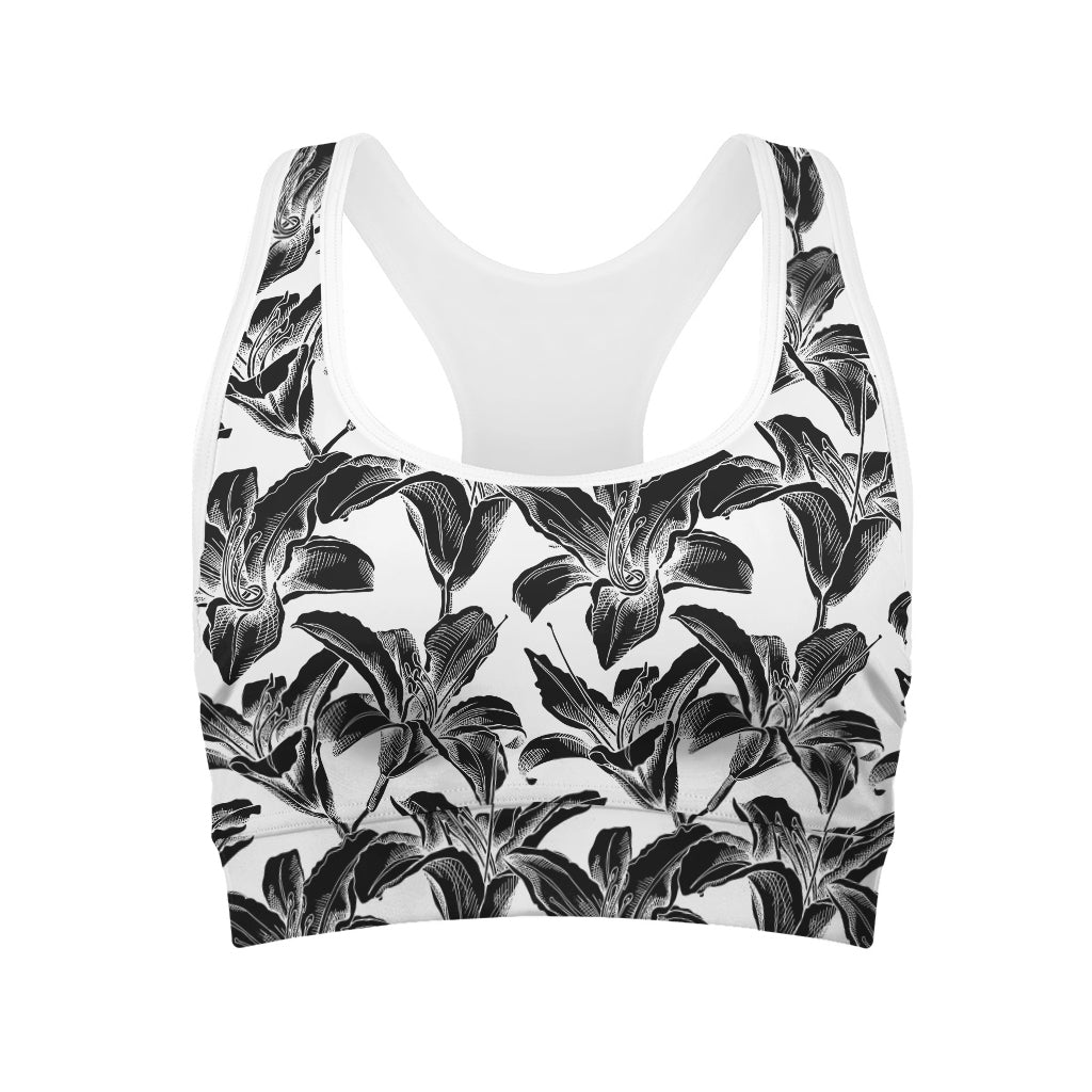 White And Black Lily Pattern Print Women's Sports Bra