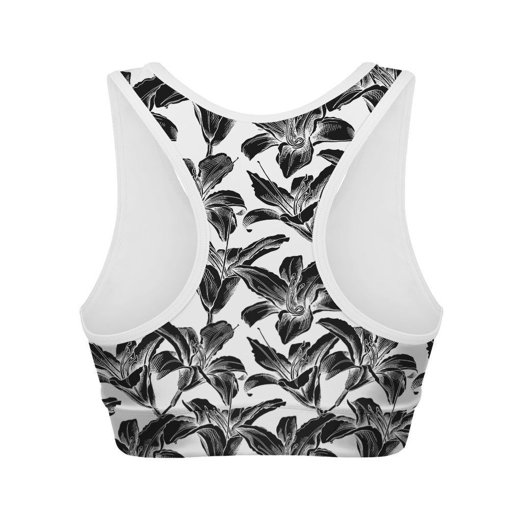 White And Black Lily Pattern Print Women's Sports Bra
