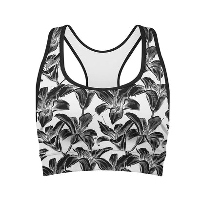 White And Black Lily Pattern Print Women's Sports Bra