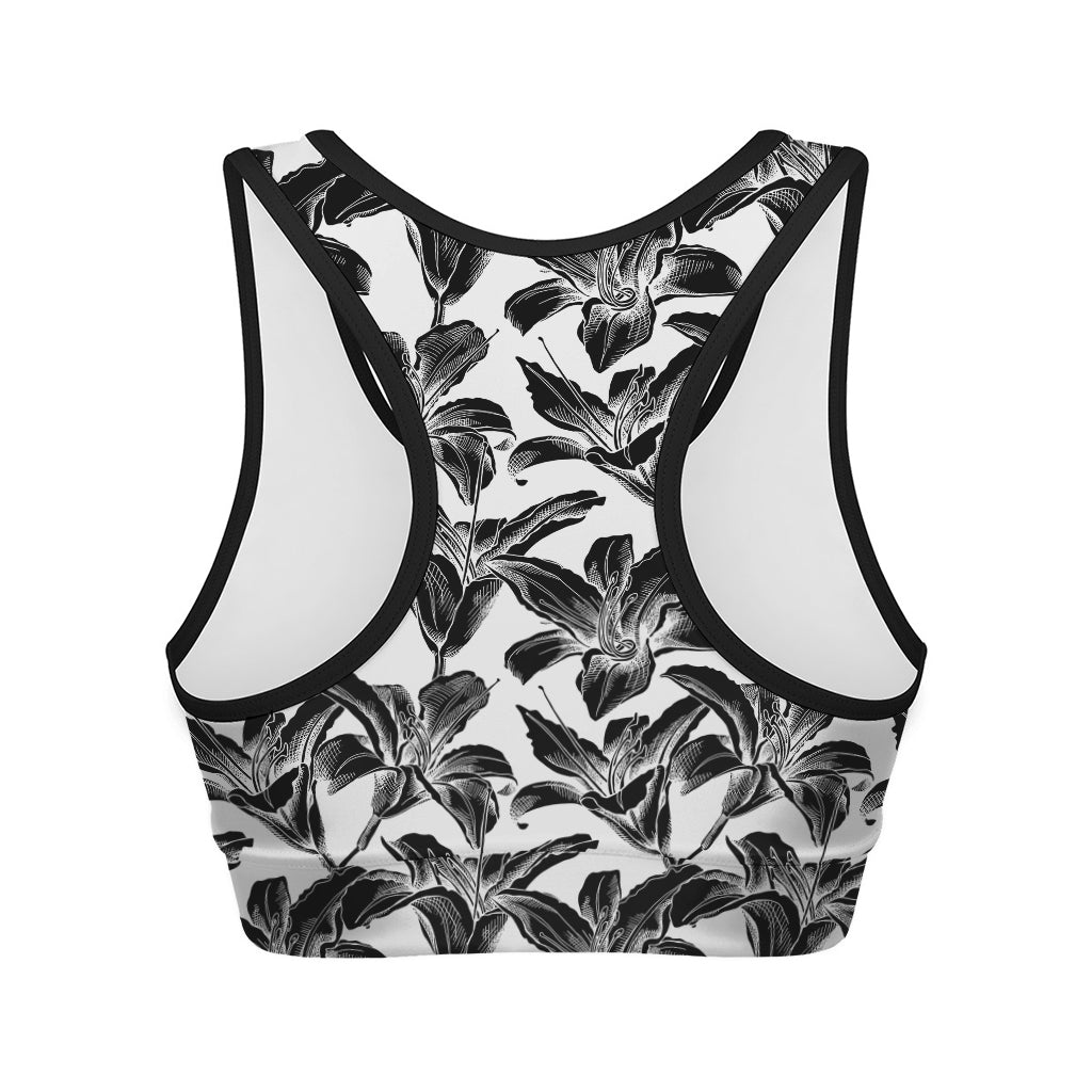 White And Black Lily Pattern Print Women's Sports Bra