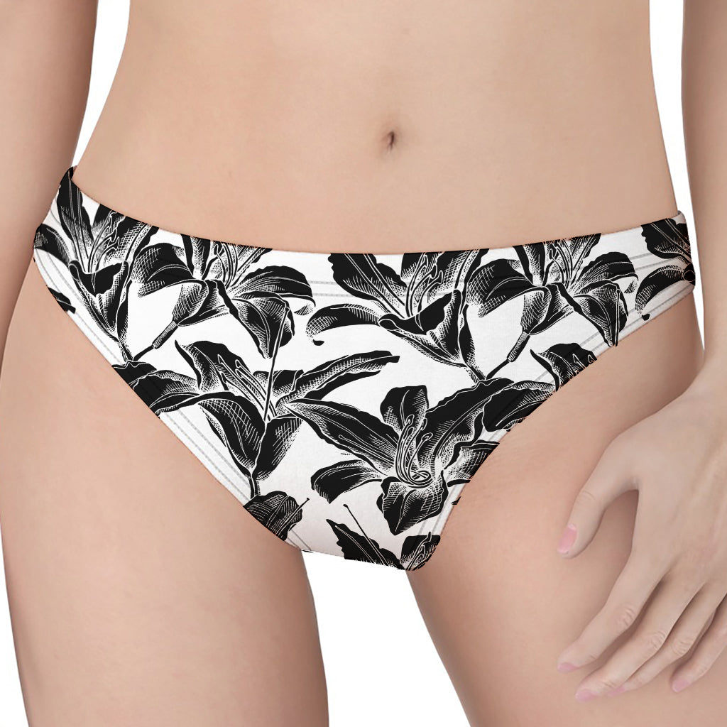 White And Black Lily Pattern Print Women's Thong