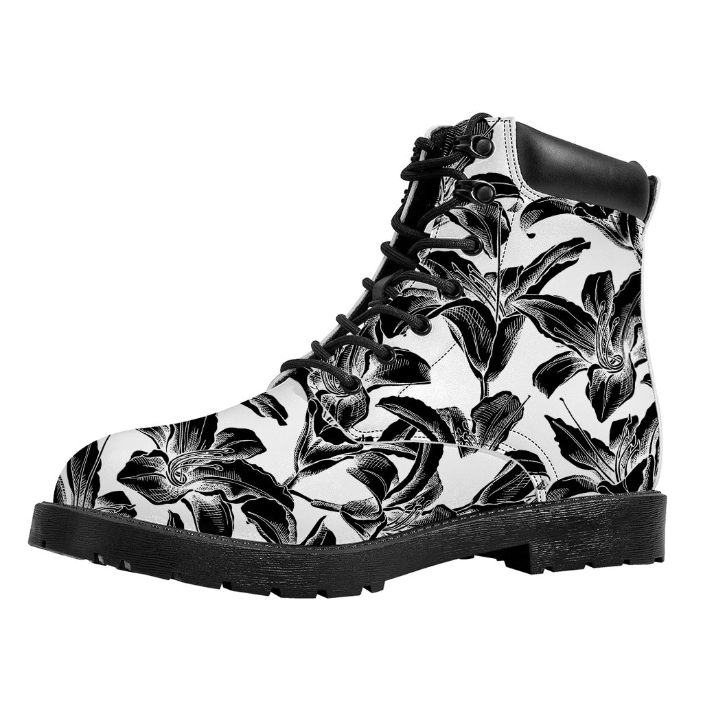 White And Black Lily Pattern Print Work Boots