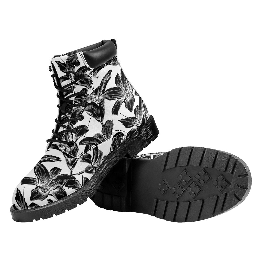 White And Black Lily Pattern Print Work Boots