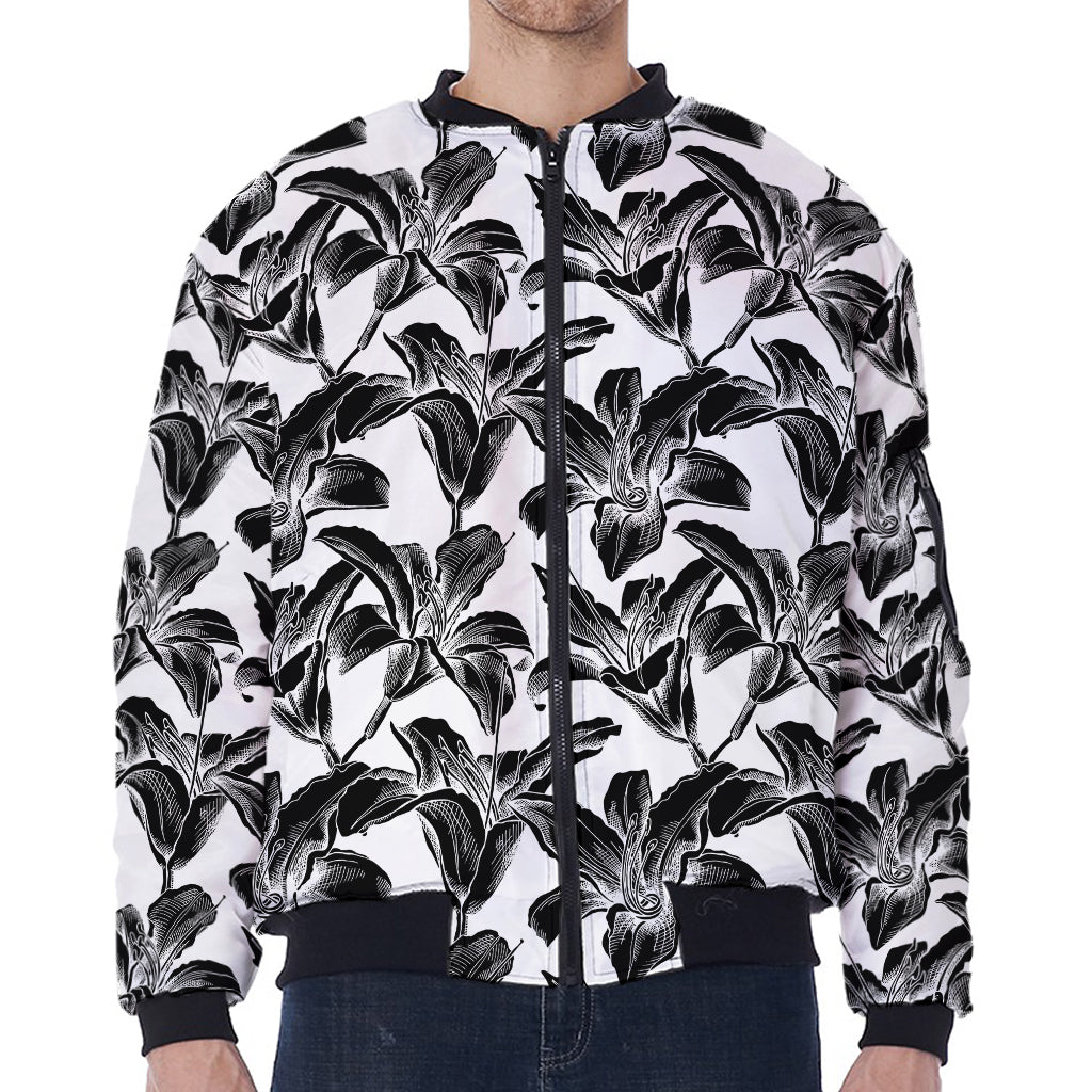 White And Black Lily Pattern Print Zip Sleeve Bomber Jacket