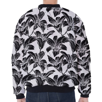 White And Black Lily Pattern Print Zip Sleeve Bomber Jacket