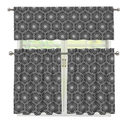 White And Black Lotus Pattern Print 3 Piece Kitchen Curtains
