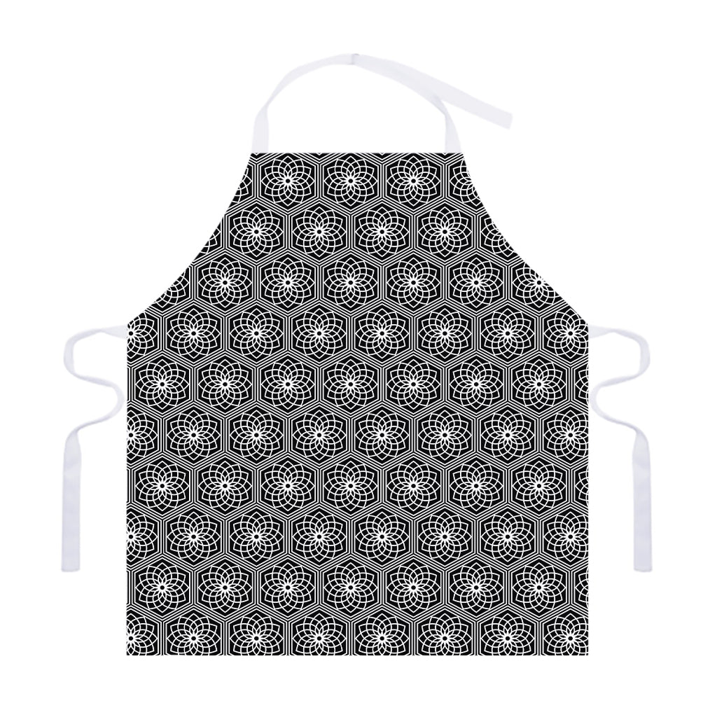 White And Black Lotus Pattern Print Adjustable Apron