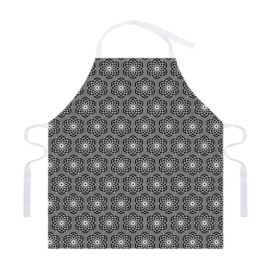 White And Black Lotus Pattern Print Adjustable Apron