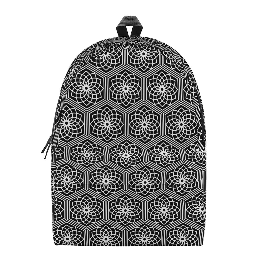 White And Black Lotus Pattern Print Backpack