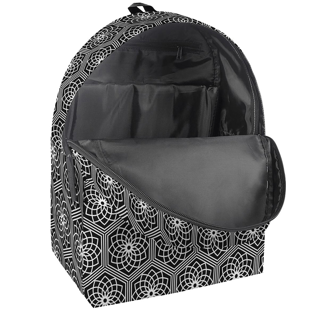 White And Black Lotus Pattern Print Backpack