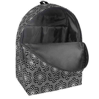White And Black Lotus Pattern Print Backpack