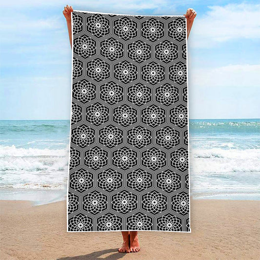 White And Black Lotus Pattern Print Beach Towel
