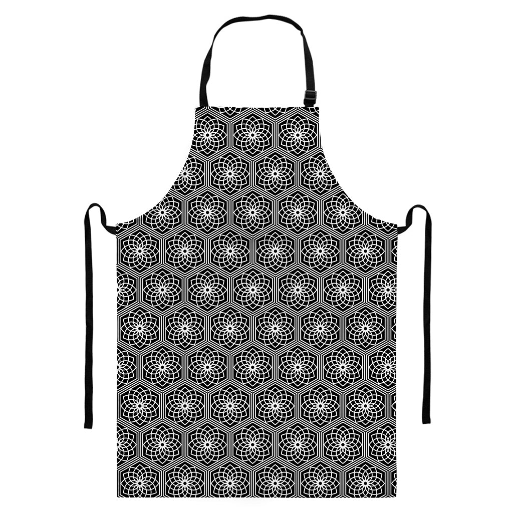 White And Black Lotus Pattern Print Bib Apron With Pocket