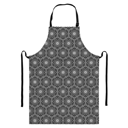 White And Black Lotus Pattern Print Bib Apron With Pocket