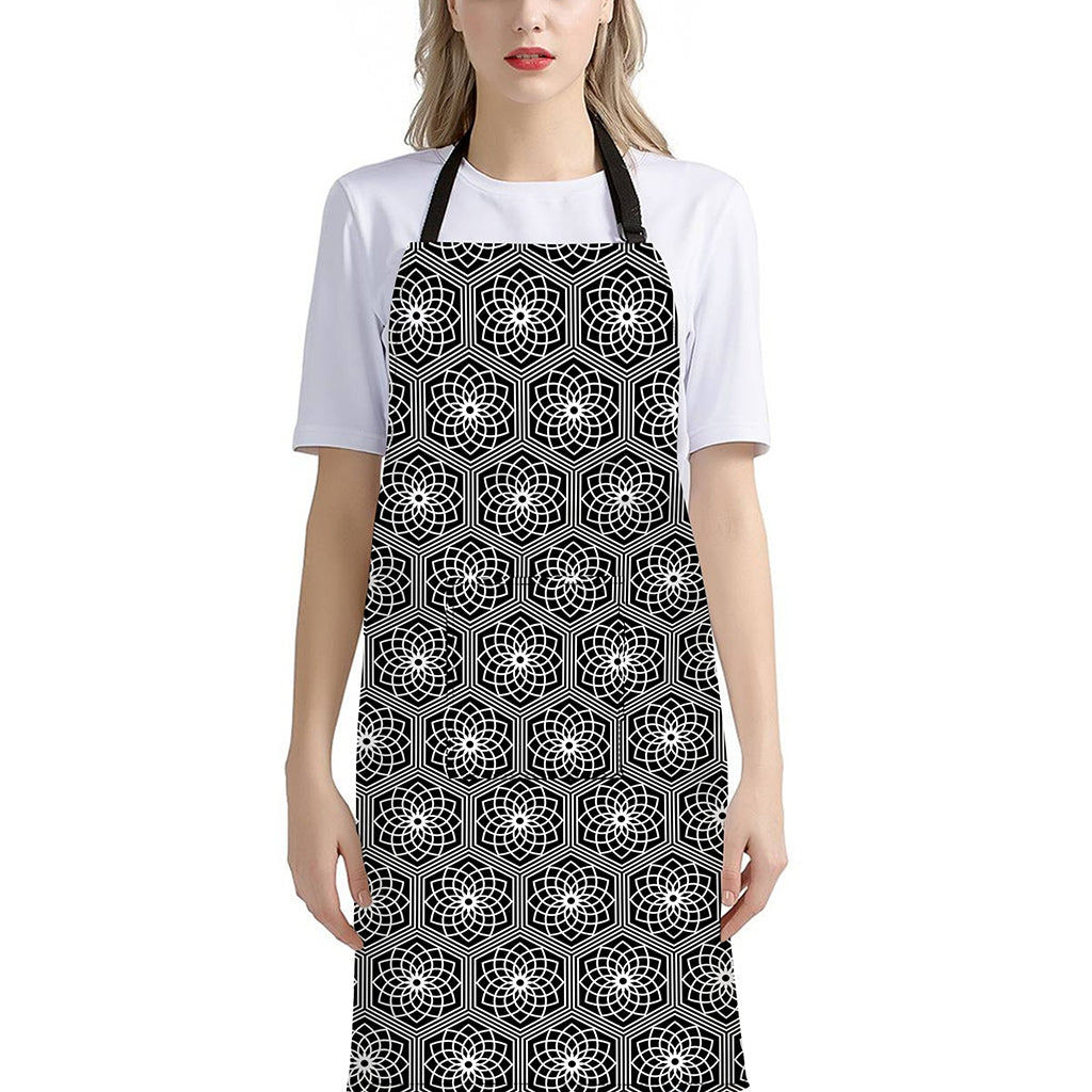 White And Black Lotus Pattern Print Bib Apron With Pocket