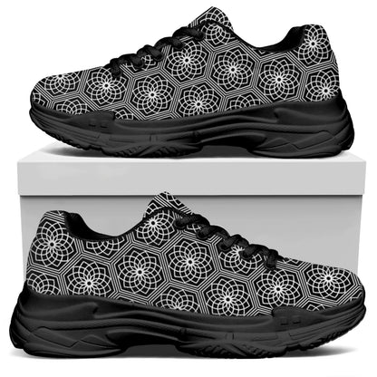 White And Black Lotus Pattern Print Black Chunky Shoes
