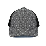 White And Black Lotus Pattern Print Black Mesh Trucker Cap