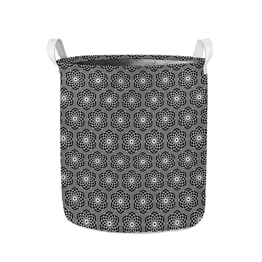 White And Black Lotus Pattern Print Collapsible Laundry Basket