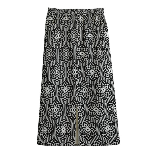 White And Black Lotus Pattern Print Cotton Front Slit Maxi Skirt