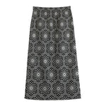 White And Black Lotus Pattern Print Cotton Front Slit Maxi Skirt