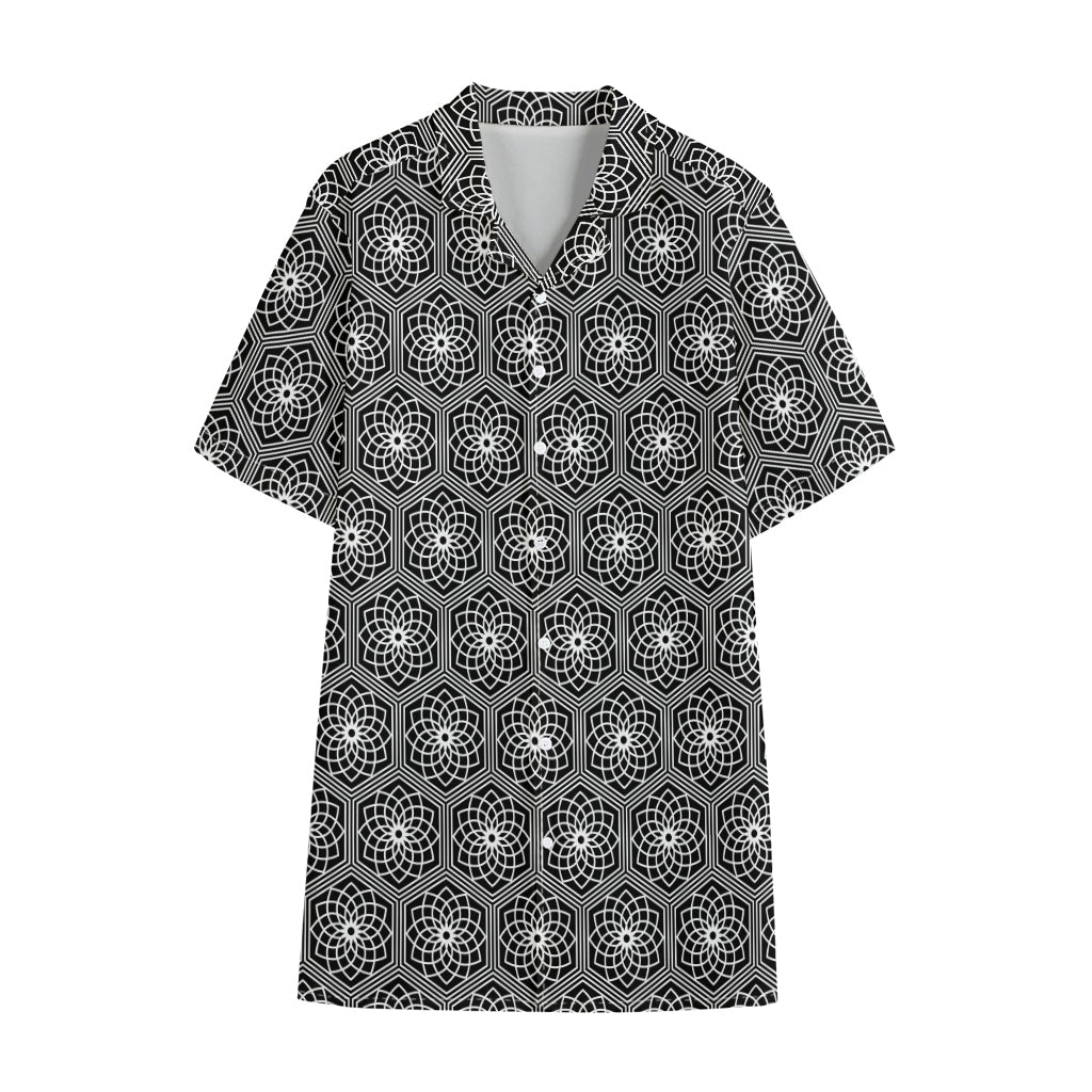White And Black Lotus Pattern Print Cotton Hawaiian Shirt