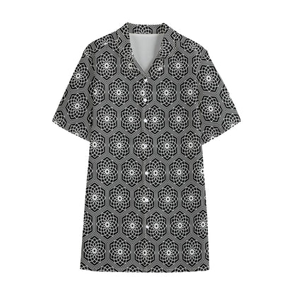 White And Black Lotus Pattern Print Cotton Hawaiian Shirt