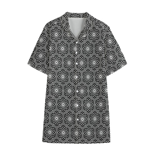 White And Black Lotus Pattern Print Cotton Hawaiian Shirt