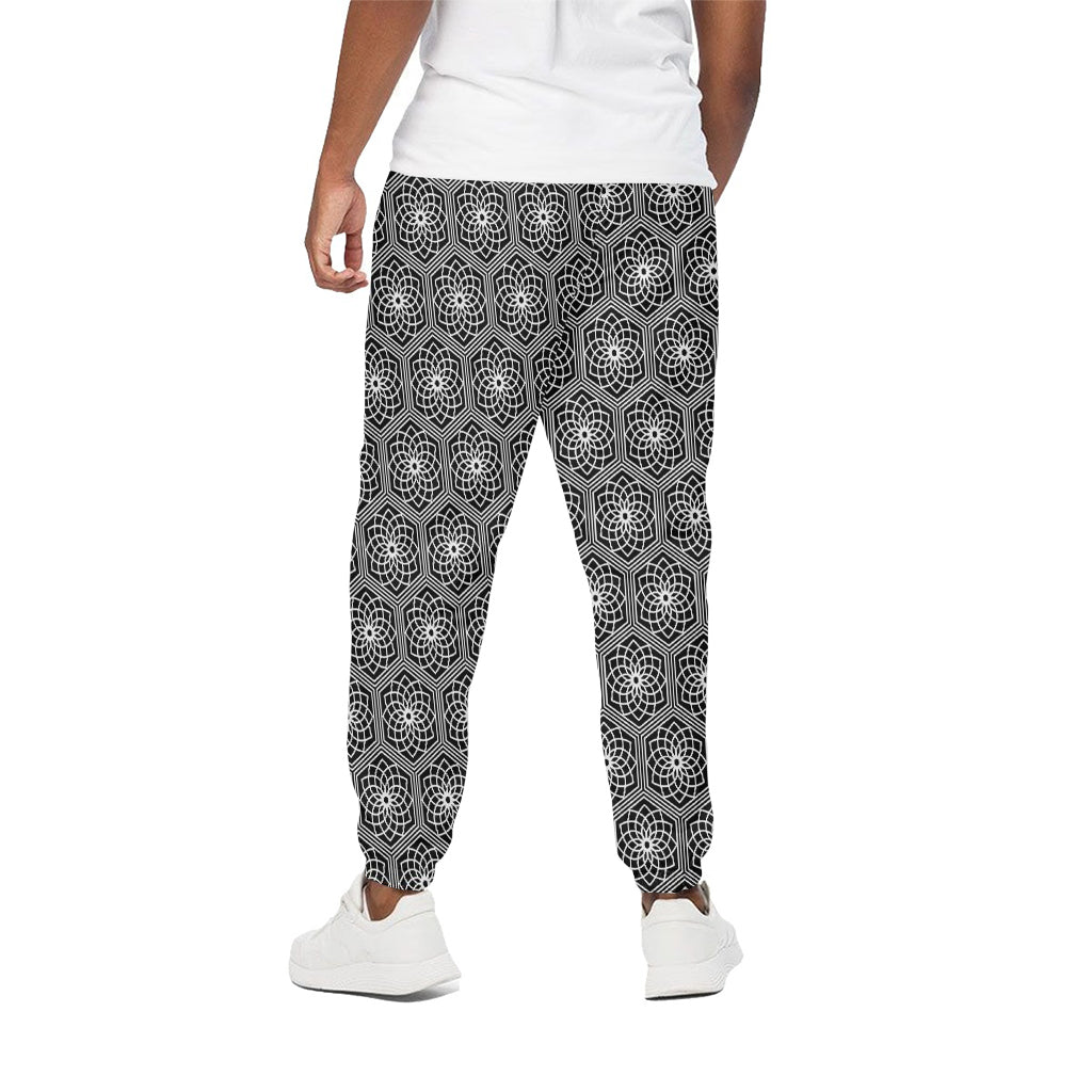 White And Black Lotus Pattern Print Cotton Pants