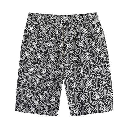 White And Black Lotus Pattern Print Cotton Shorts