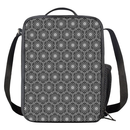 White And Black Lotus Pattern Print Crossbody Lunch Bag