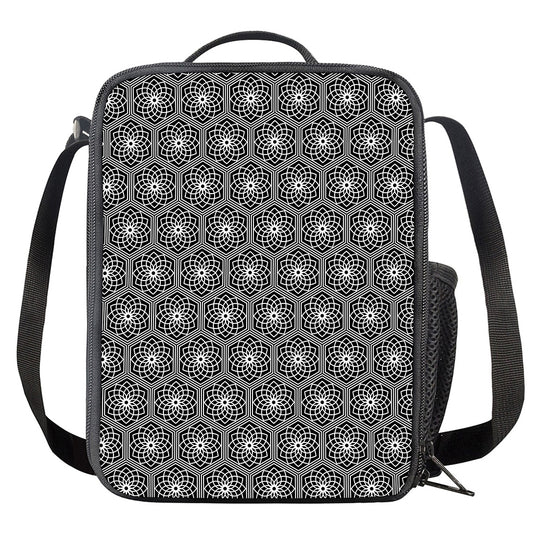 White And Black Lotus Pattern Print Crossbody Lunch Bag