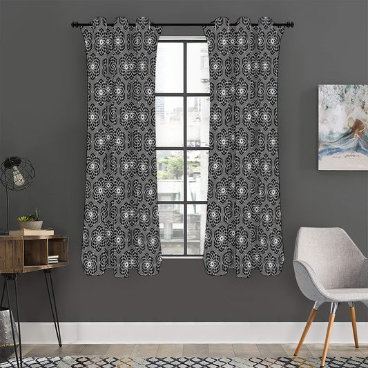 White And Black Lotus Pattern Print Curtain
